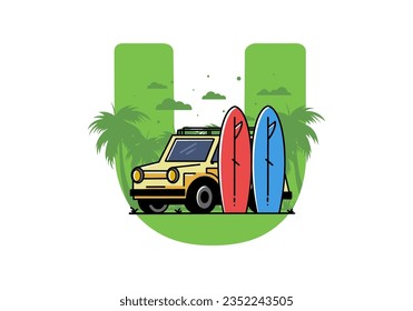 Illustration design of a small car and two surfboards