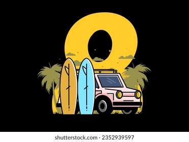 Ilustración de un coche pequeño y dos tablas de surf