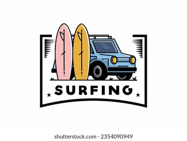 Illustration design of a small car and two surfboards