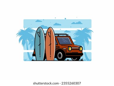 Illustration design of a small car and two surfboards