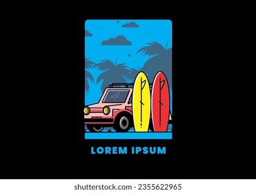 Illustration design of a small car and two surfboards