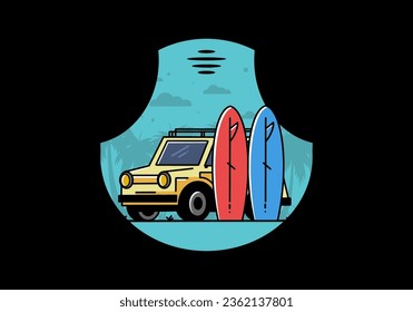 Illustration-Design eines kleinen Autos und zwei Surfbretter