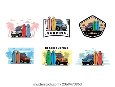 Illustration design of a small car and two surfboards
