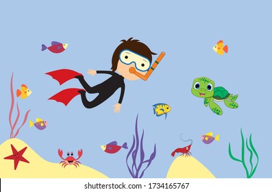 illustration design of snorkeling activities in the ocean