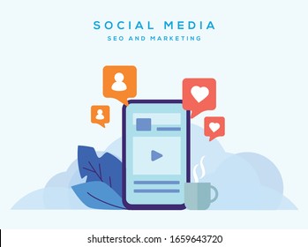 Illustration design for social media app. mobile with icons in a flat style. Vector illustartion. Likes. hearts and followers