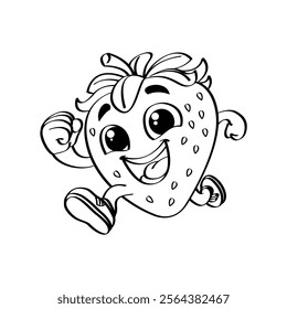 Illustration design of a strawberry character running cheerfully and happily. Line art vector. Black and white

