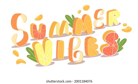 Illustration of design summer vibes text. Juicy letters on a dark background. Banner, postcard, flyer, poster, invitation