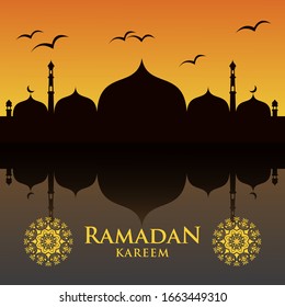 Illustration design of sunset with mosque and reflection in the water with sky full of birds