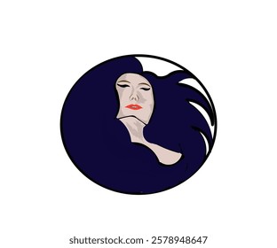 Illustration design of a symbol of a beautiful woman with blue hair and red lips in a circle