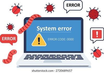 Un diseño ilustrativo de error del sistema. Concepto de cibercrimen Seguridad en Internet. Concepto plano con iconos de virus, gusano y error. Vector para Flyer, Póster, Sitio web y Publicidad de Impresión.
