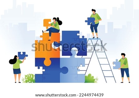 illustration design of teamwork, brainstorming and problem solving. people collaborate to solve puzzles in large puzzles. game in game. can be used for web, website, posters, apps, brochures