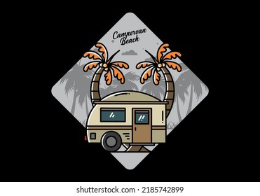 Illustration design of a teardrop camper and coconut tree
