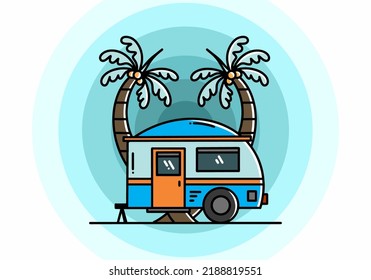 Illustration design of a teardrop camper and coconut tree