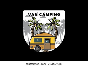 Illustration design of a teardrop camper and coconut tree