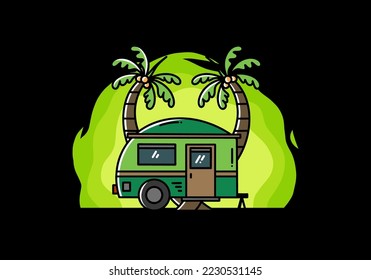 Illustration design of a teardrop camper and coconut tree