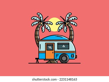 Illustration design of a teardrop camper and coconut tree