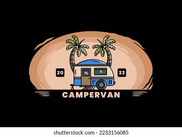 Illustration design of a teardrop camper and coconut tree