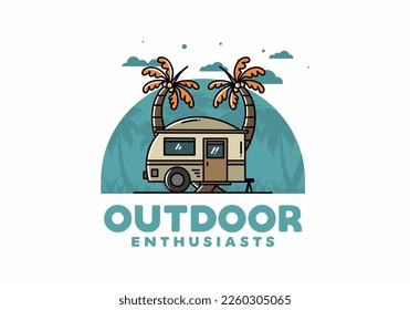 Illustration design of a teardrop camper and coconut tree