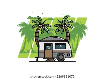 Illustration design of a teardrop camper and coconut tree