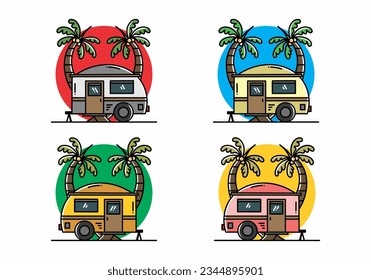Illustration design of a teardrop camper and coconut tree