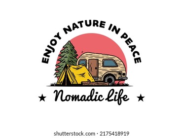Illustration design of a Teardrop camper and tent in front of pine tree