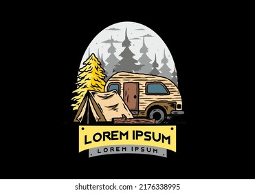 Illustration design of a Teardrop camper and tent in front of pine tree