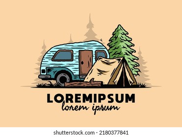 Illustration design of a Teardrop camper and tent in front of pine tree