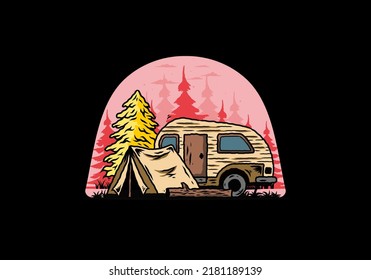 Illustration design of a Teardrop camper and tent in front of pine tree