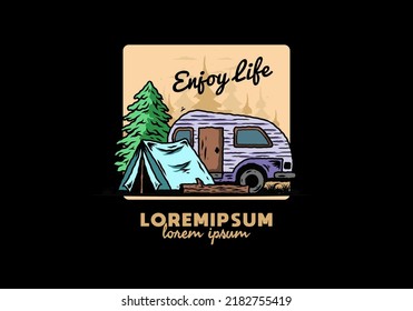 Illustration design of a Teardrop camper and tent in front of pine tree