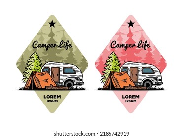 Illustration design of a Teardrop camper and tent in front of pine tree