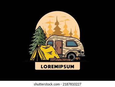 Illustration design of a Teardrop camper and tent in front of pine tree