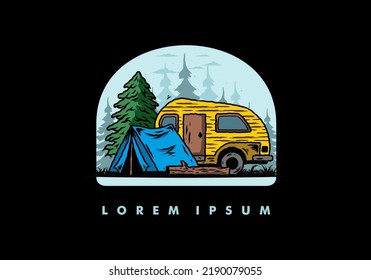 Illustration design of a Teardrop camper and tent in front of pine tree