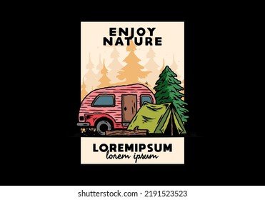 Illustration design of a Teardrop camper and tent in front of pine tree