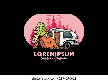 Illustration design of a Teardrop camper and tent in front of pine tree