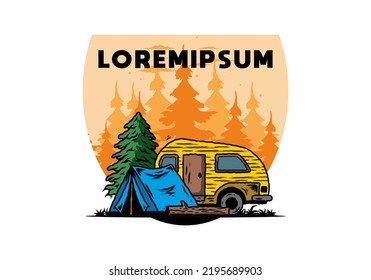 Illustration design of a Teardrop camper and tent in front of pine tree