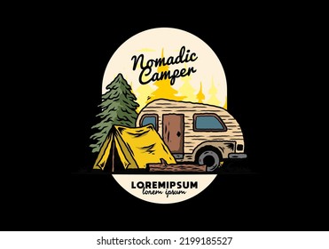 Illustration design of a Teardrop camper and tent in front of pine tree