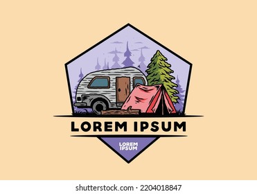 Illustration design of a Teardrop camper and tent in front of pine tree