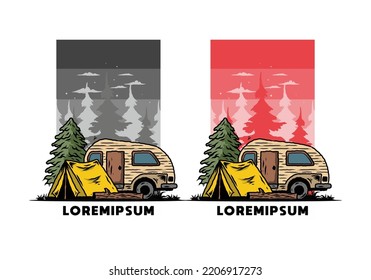 Illustration design of a Teardrop camper and tent in front of pine tree