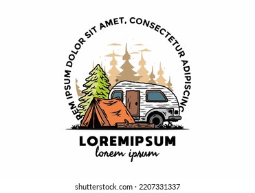 Illustration design of a Teardrop camper and tent in front of pine tree