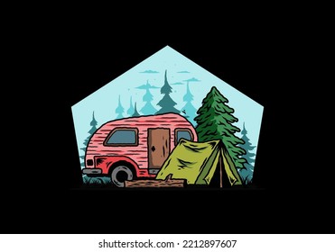 Illustration design of a Teardrop camper and tent in front of pine tree