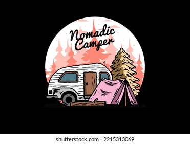 Illustration design of a Teardrop camper and tent in front of pine tree