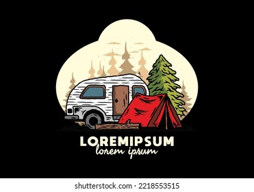 Illustration design of a Teardrop camper and tent in front of pine tree