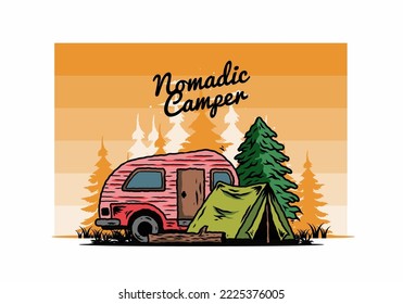 Illustration design of a Teardrop camper and tent in front of pine tree