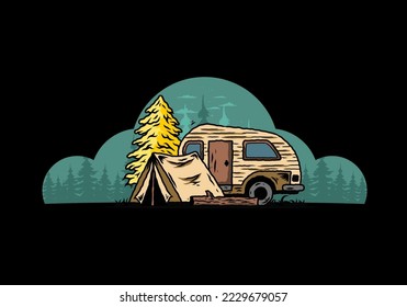 Illustration design of a Teardrop camper and tent in front of pine tree