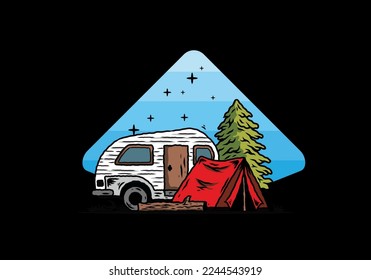 Illustration design of a Teardrop camper and tent in front of pine tree