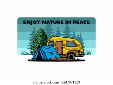 Illustration design of a Teardrop camper and tent in front of pine tree