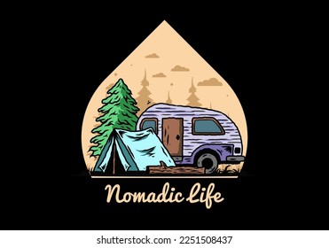 Illustration design of a Teardrop camper and tent in front of pine tree