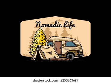 Illustration design of a Teardrop camper and tent in front of pine tree