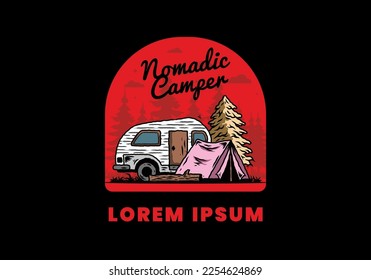 Illustration design of a Teardrop camper and tent in front of pine tree