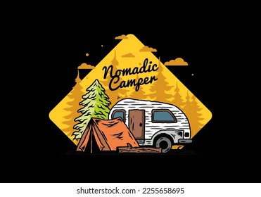 Illustration design of a Teardrop camper and tent in front of pine tree